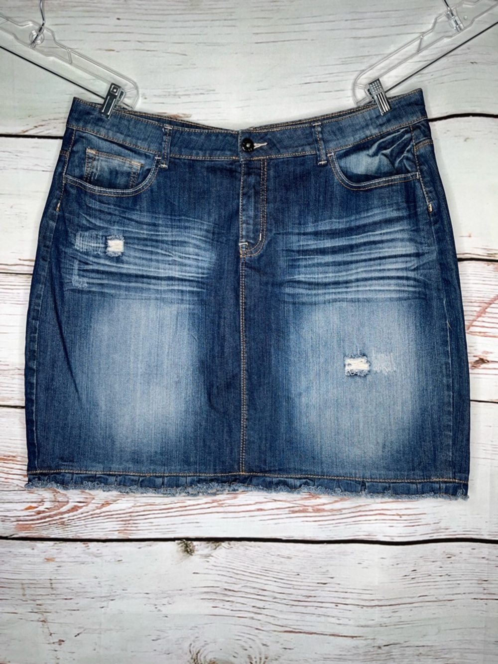 Ashley Stewart Size 20 Blue Denim Distressed Ruffle Hemline Jean Skirt